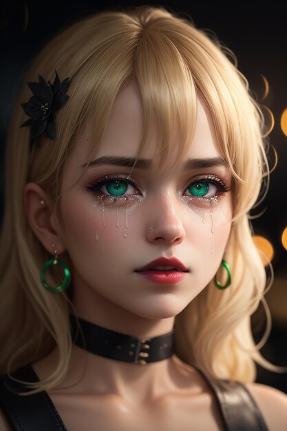 Una niña con ojos verdes y lágrimas llorando.