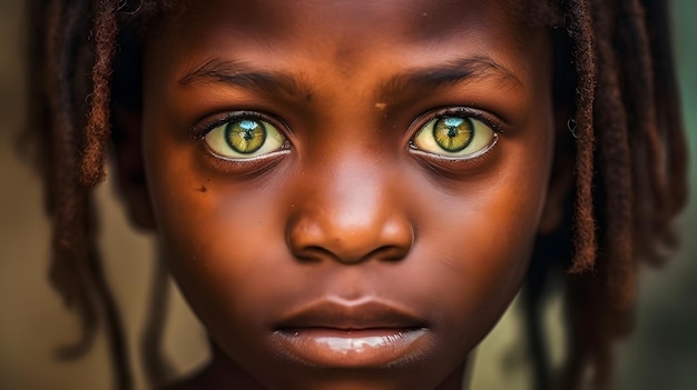 Una niña de ojos verdes se muestra con la palabra amor en su rostro.