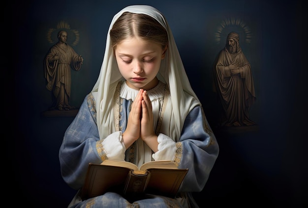 una niña orando con las manos plegadas en oración sosteniendo un libro