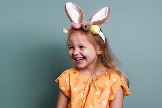 Una niña con orejas de conejo con la palabra caramelo.