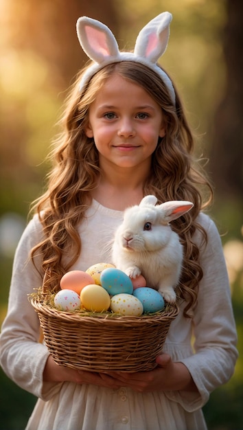 Foto niña con orejas de conejo sosteniendo una canasta con huevos de pascua