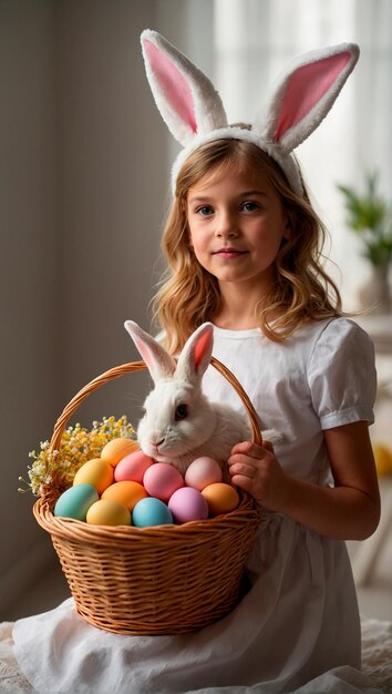 Foto niña con orejas de conejo sosteniendo una canasta con huevos de pascua