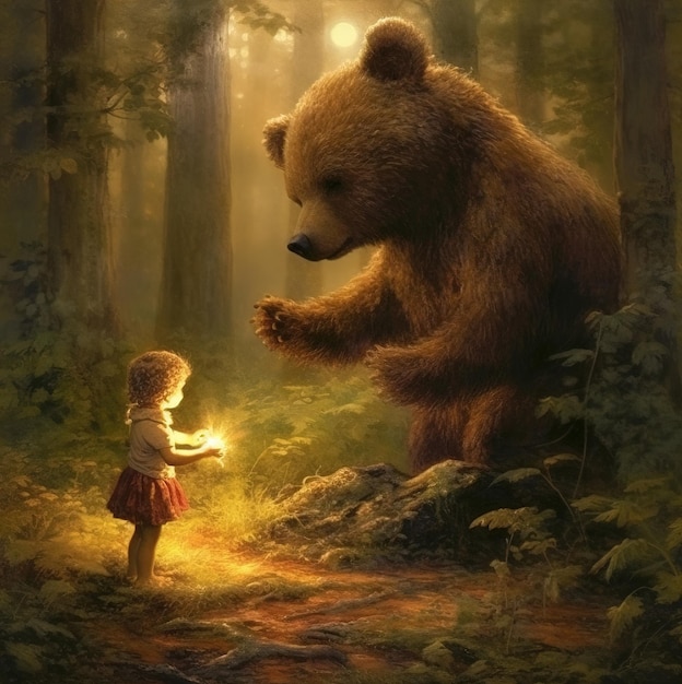 Una niña y un oso en el bosque.