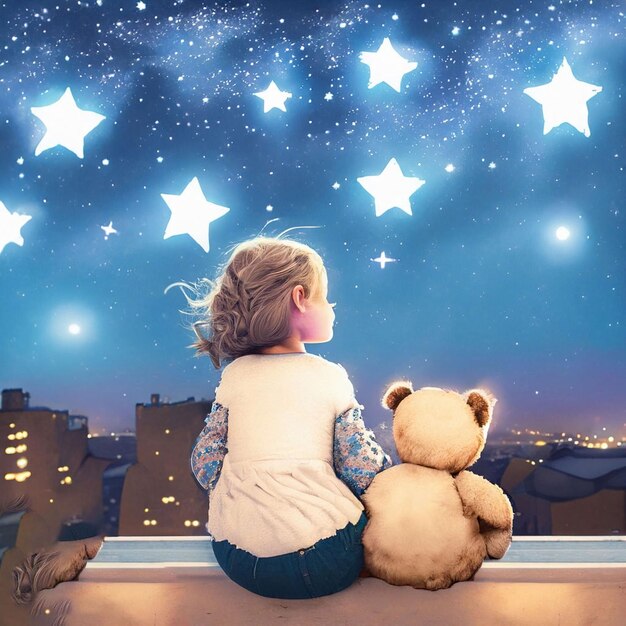 Una niña y un oso de peluche mirando las estrellas.