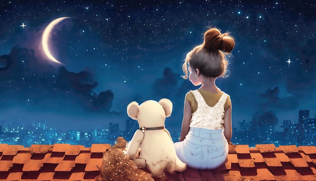 Una niña y un oso de peluche se sientan en un techo mirando el cielo nocturno.