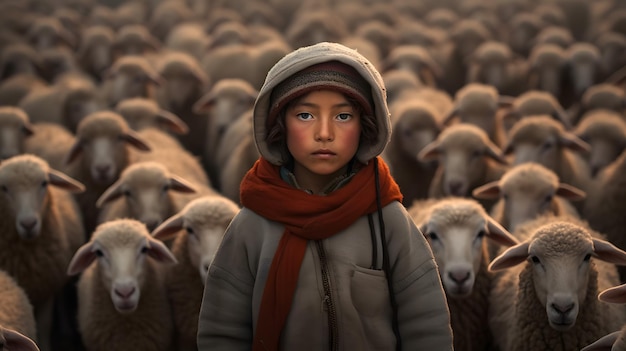 Niña con ovejas en un rebaño de ovejas