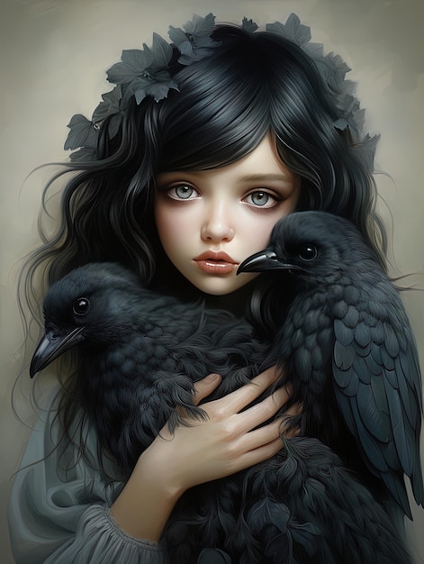 Una niña con un pájaro negro en el hombro.