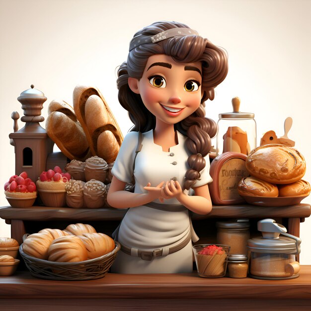 Niña de la panadería con una canasta de pan ilustración 3D