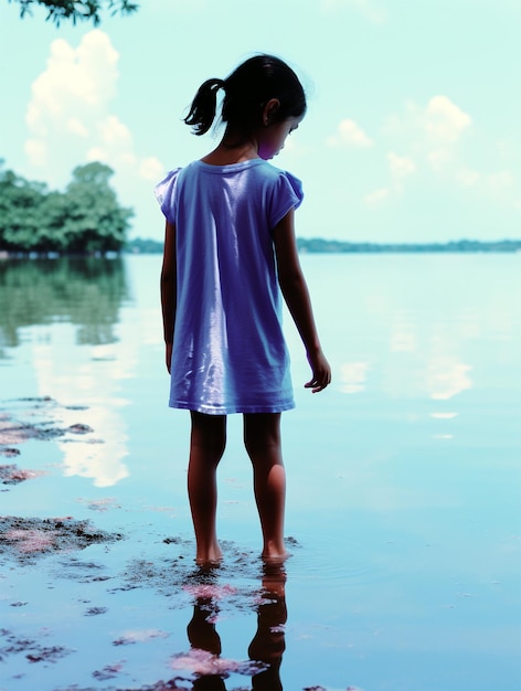 Niña parada en agua generada por IA