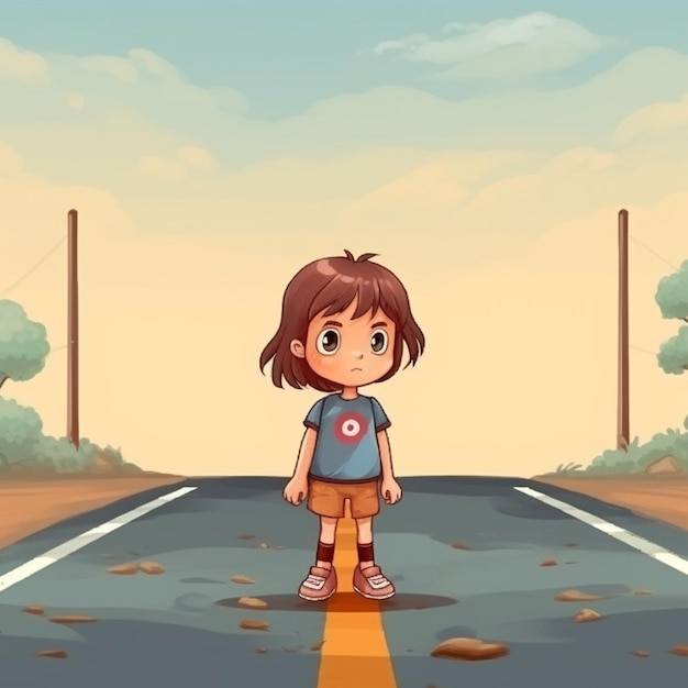 una niña parada en la carretera niña caminando hacia un charco de barro