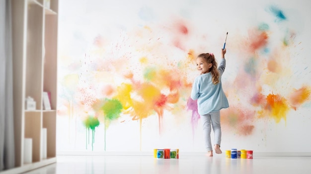 una niña parada frente a una pared colorida