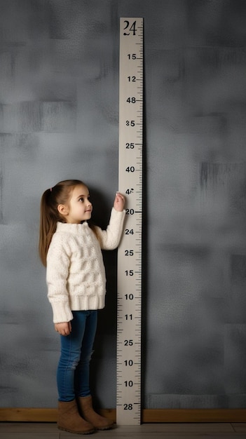 Foto una niña parada junto a una regla alta