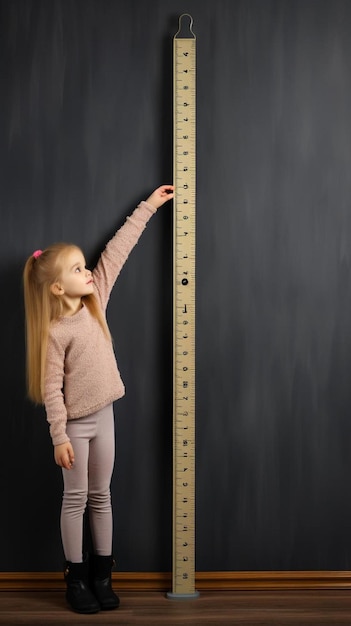 Foto una niña parada junto a una regla alta