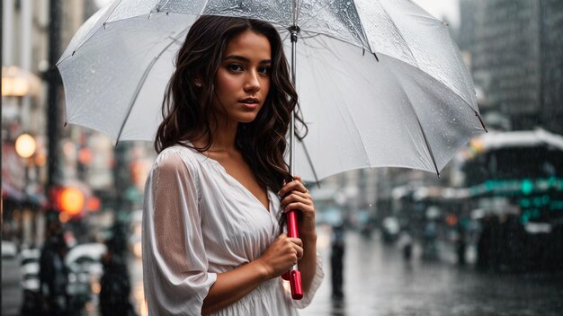 Foto niña con un paraguas en la lluvia