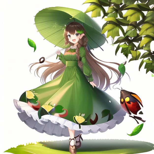 Una niña con un paraguas y un pájaro en la cabeza.