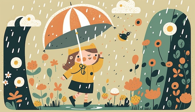 Una niña con un paraguas y un pájaro bajo la lluvia.