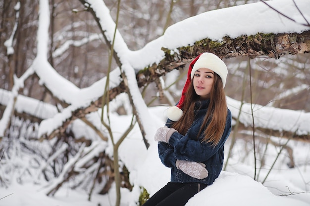 Una niña en un parque de invierno en un paseo. Vacaciones de Navidad en el bosque de invierno. Chica disfruta del invierno en el parque.