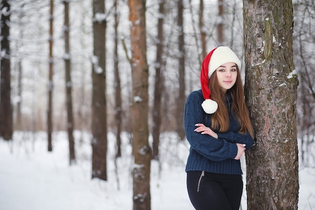 Una niña en un parque de invierno en un paseo. Vacaciones de Navidad en el bosque de invierno. Chica disfruta del invierno en el parque.