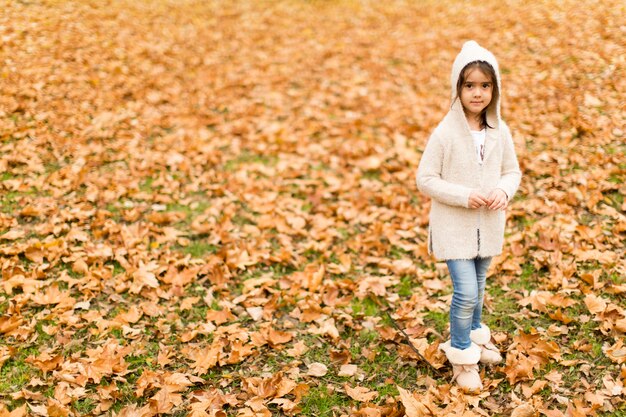 Niña en el parque de otoño