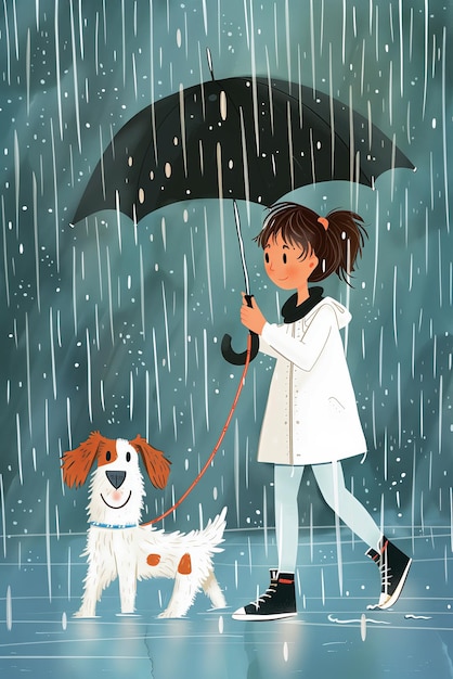 Niña paseando al perro en un día de lluvia con paraguas