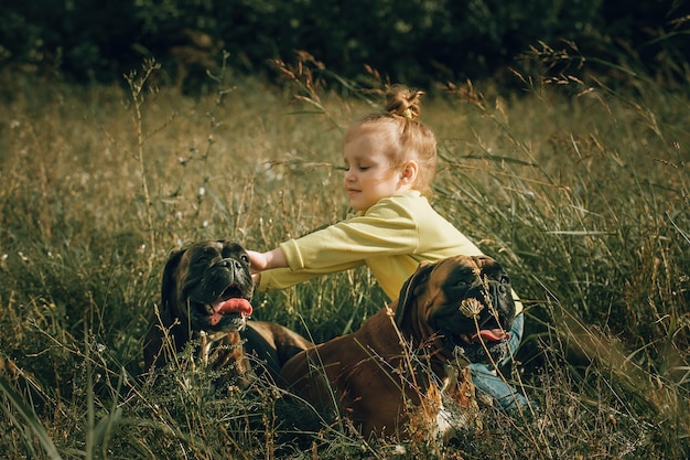 una niña en un paseo con sus amigos perros de cuatro patas juega en el césped del parque