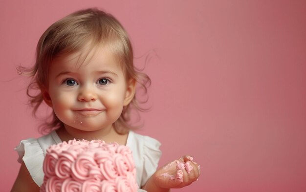 Foto niña con pastel de cumpleaños que muestra postre en fondo de color sólido con espacio de copia para el texto