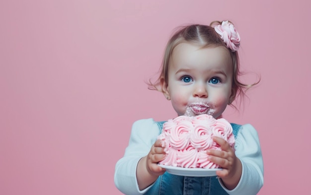 Foto niña con pastel de cumpleaños que muestra postre en fondo de color sólido con espacio de copia para el texto