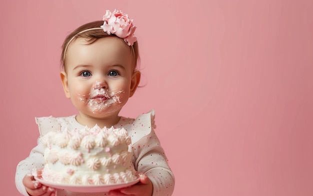 Niña con pastel de cumpleaños que muestra postre en fondo de color sólido con espacio de copia para el texto