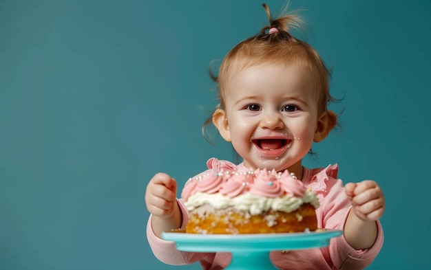 Niña con pastel de cumpleaños que muestra postre en fondo de color sólido con espacio de copia para el texto