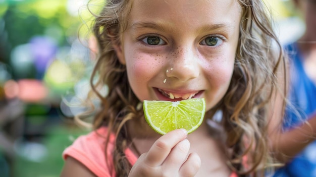 Una niña con pecas está comiendo una rebanada de limón