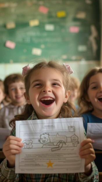 Niña con un pedazo de papel delante de su cara Niño aprendiendo