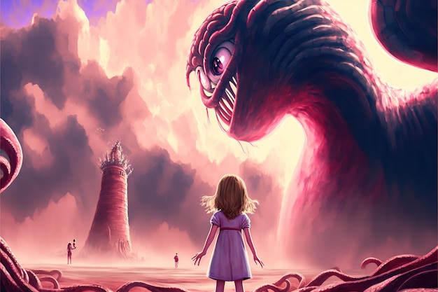 Niña peleando con el monstruo gigante Escena de ciencia ficción de una niña frente al monstruo gigante con tentáculos Pintura de ilustración de estilo de arte digital