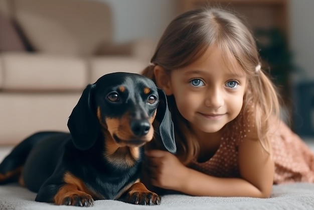 Una niña de pelo largo juega con su perro en su habitación.