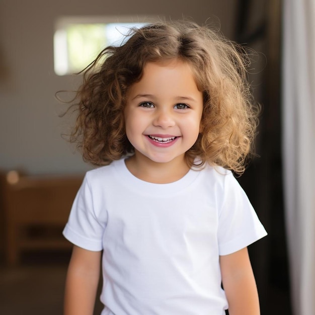 Una niña con el pelo rizado y una camisa blanca.