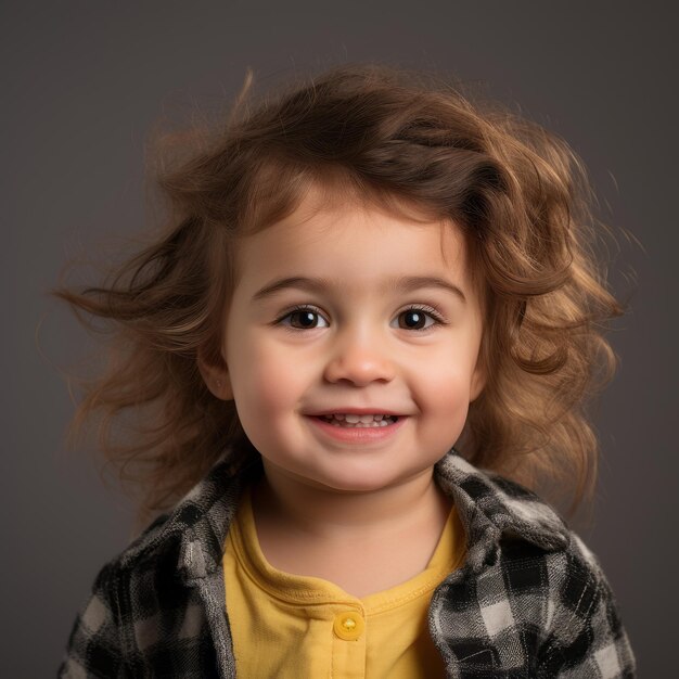 una niña con el pelo rizado y una camisa a cuadros