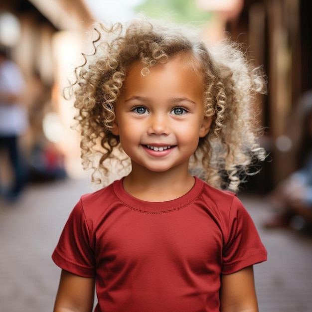 Una niña con el pelo rizado y una camiseta roja.