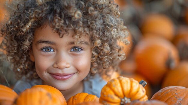 Niña de pelo rizado de pie en una pila de calabazas