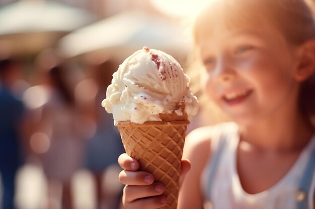 Una niña con pelo rizado tiene helado en sus manos Ai generativo