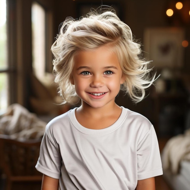 Una niña con el pelo rubio y una camisa blanca.