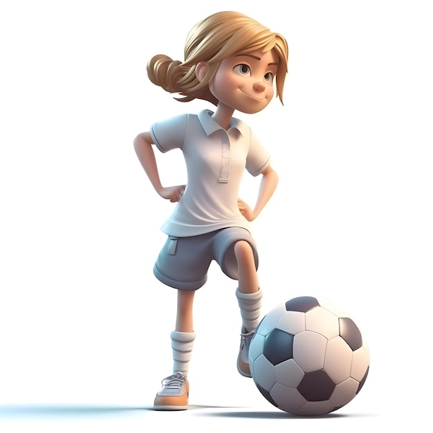 niña, con, pelota del fútbol, aislado, blanco, background3d, render, ilustración