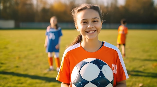 Una niña con una pelota de fútbol y las letras g en su camiseta.