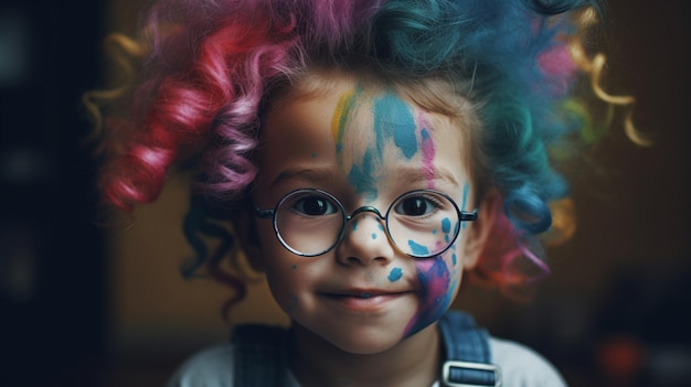 Una niña con una peluca de colores pintada en la cara.