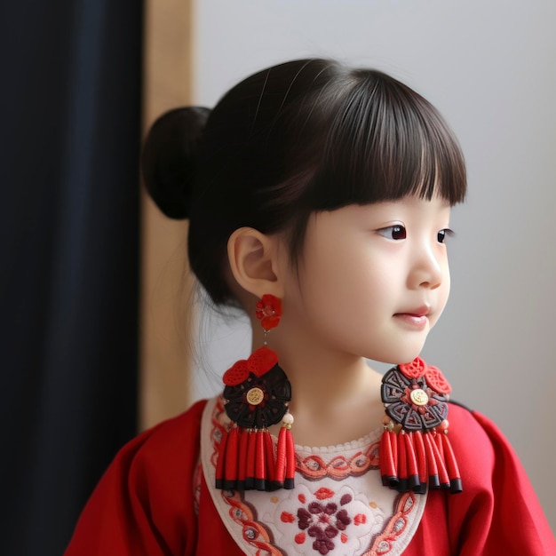 Una niña con pendientes de porcelana roja al estilo coreano está tejiendo exquisitos adornos hechos a mano