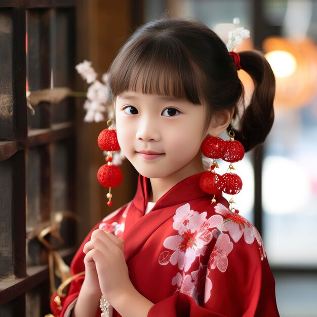 Una niña con pendientes de porcelana roja al estilo coreano está tejiendo exquisitos adornos hechos a mano