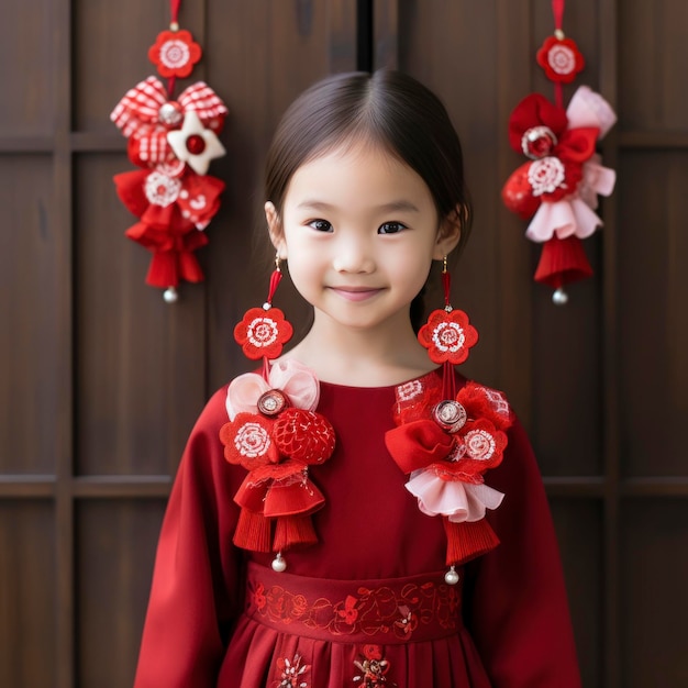 Foto una niña con pendientes de porcelana roja al estilo coreano está tejiendo exquisitos adornos hechos a mano de una manera creativa v 52 job id eb46a58cd9c042758afed5c3075df955