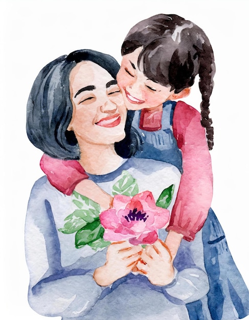 Una niña pequeña abraza a su madre por detrás mientras sostiene flores feliz concepto del día de la madre