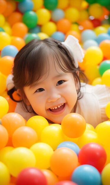 Niña pequeña acostada en bolas de plástico de colores en una piscina seca en la sala de juegos