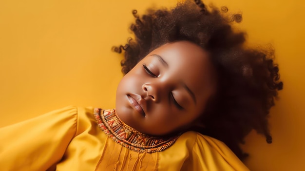 Niña pequeña africana linda acostada en el suelo durmiendo con los ojos cerrados en fondo de color amarillo claro