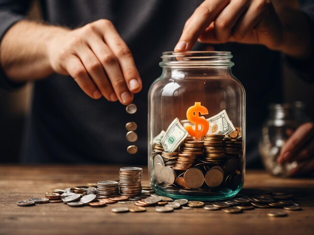 Niña pequeña con una alcancía y monedas en un fondo de color concepto de ahorro de dinero