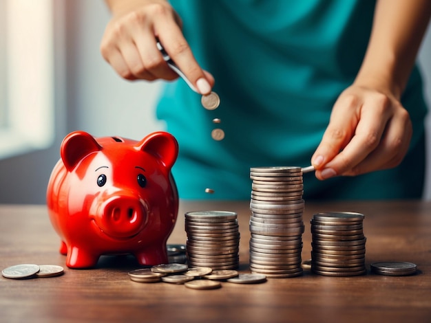 Niña pequeña con una alcancía y monedas en un fondo de color concepto de ahorro de dinero